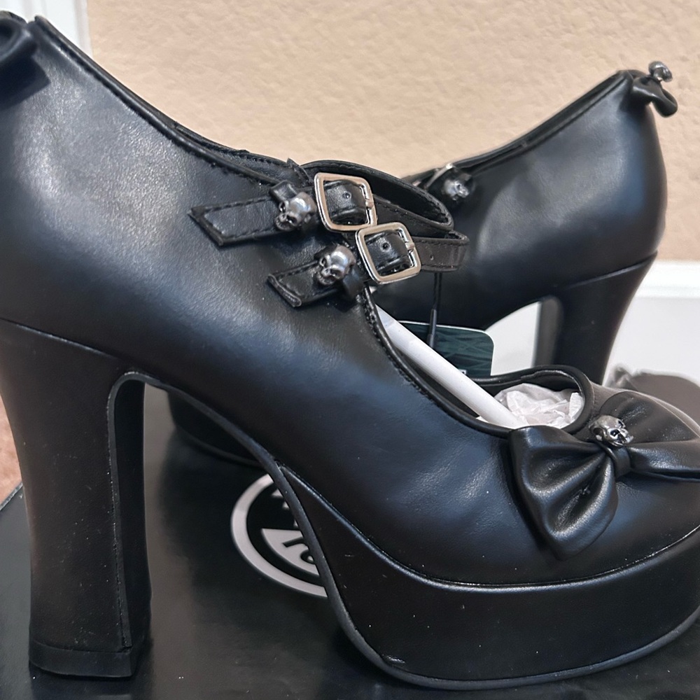 TUK Black Skull Buckle Heels